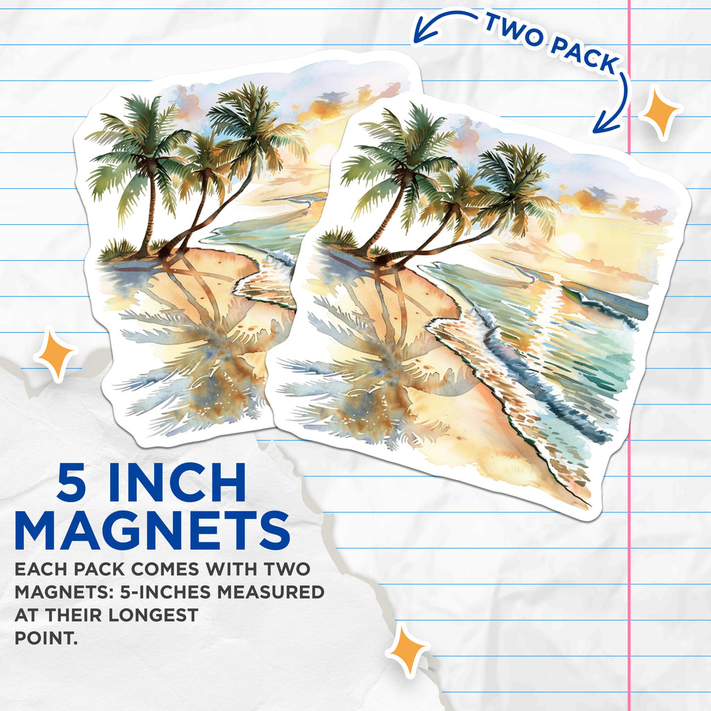 (2 Pack) Beach Sunset Magnets - Watercolor Palm Tree Scene - Tropical Ocean View - Coastal Decor Aesthetic - 5 Inches On Longest Side - Thick Durable Magnet - Made in USA - MAG39946