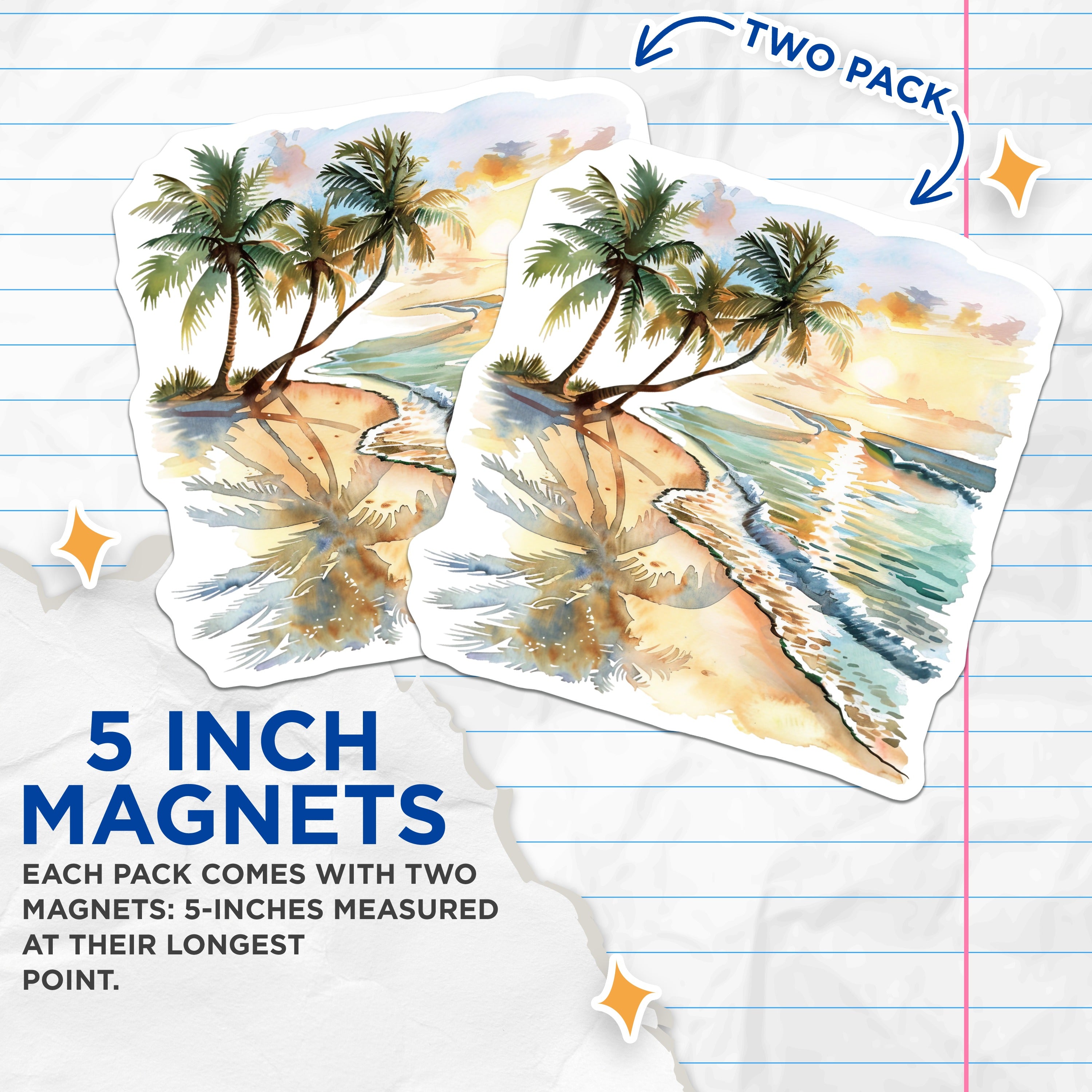 (2 Pack) Beach Sunset Magnets - Watercolor Palm Tree Scene - Tropical Ocean View - Coastal Decor Aesthetic - 5 Inches On Longest Side - Thick Durable Magnet - Made in USA - MAG39946