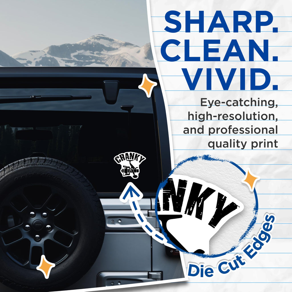 (2 Pack) Cranky Fishing Reel Stickers - Angler Decals - Fishing Humor Stickers - 5" On Longest Side - Sticks to Smooth Flat Surfaces - Made in USA - BMCS17133
