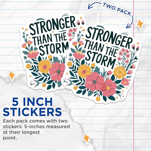 (2 Pack) Stronger Than The Storm Stickers - Motivational Floral Decals - Uplifting Inspirational Vinyl Stickers - 5" On Longest Side - Sticks to Smooth Flat Surfaces - Made in USA - BMCS5794