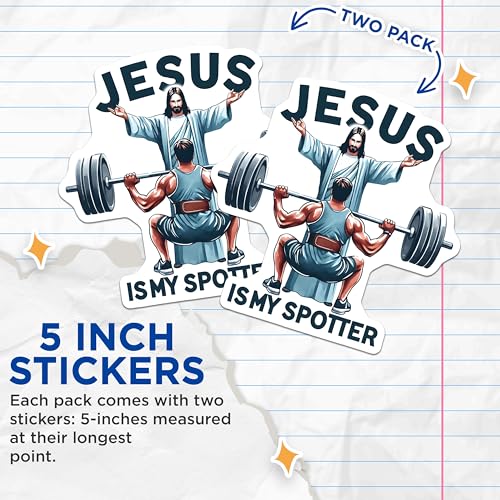 (2 Pack) Jesus is My Spotter Stickers - Motivational Gym Stickers - Inspirational Workout Stickers - 5" On Longest Side - Sticks to Smooth Flat Surfaces - Made in USA - BMCS9653