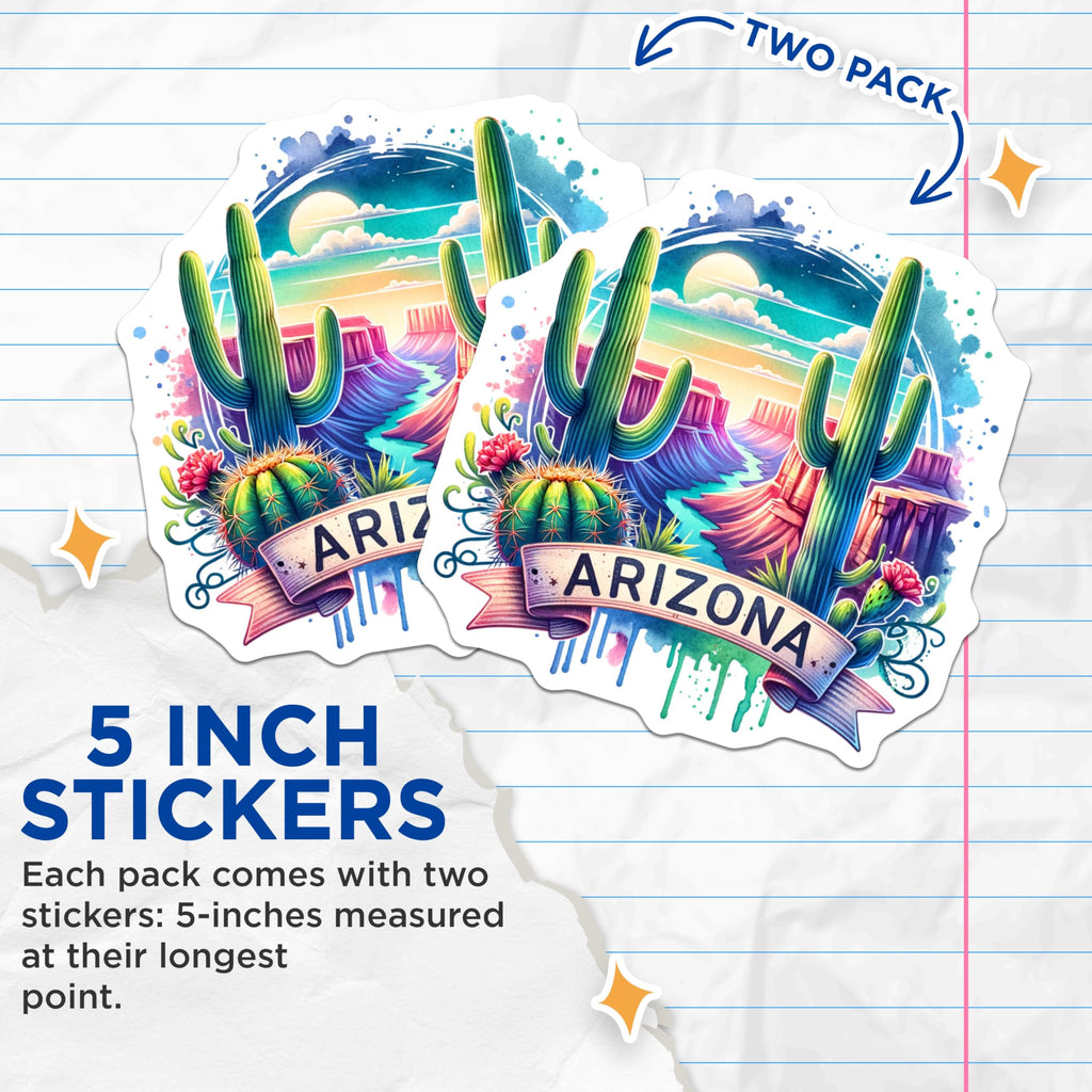 (2 Pack) Arizona Cactus Stickers - Desert Vibes - Nature Art - 5" On Longest Side - Sticks to Smooth Flat Surfaces - Made in USA - BMCS6834