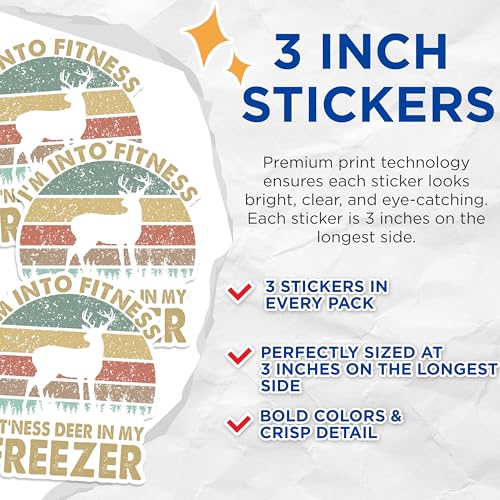 (3 Pack) Funny Fitness Decals - Deer in Freezer - Gym Lover Decal - 3 Inches On Longest Side - Easy Peel & Apply - Made in USA - 3MCS1707