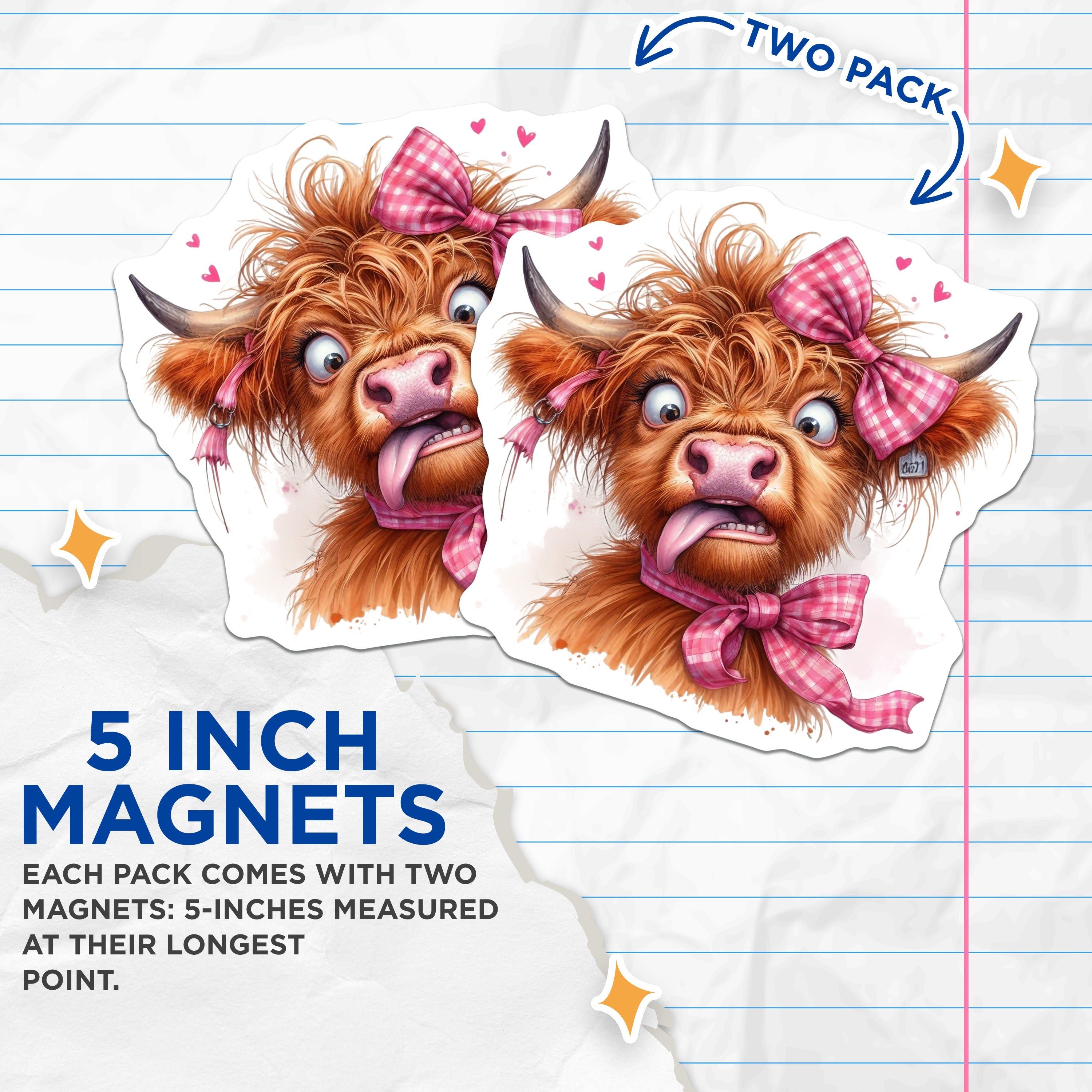(2 Pack) Funny Highland Cow Magnets - Whimsical Farmhouse Decor - Crazy Cow Art for Kitchen - 5 Inches On Longest Side - Thick Durable Magnet - Made in USA - MAG36686