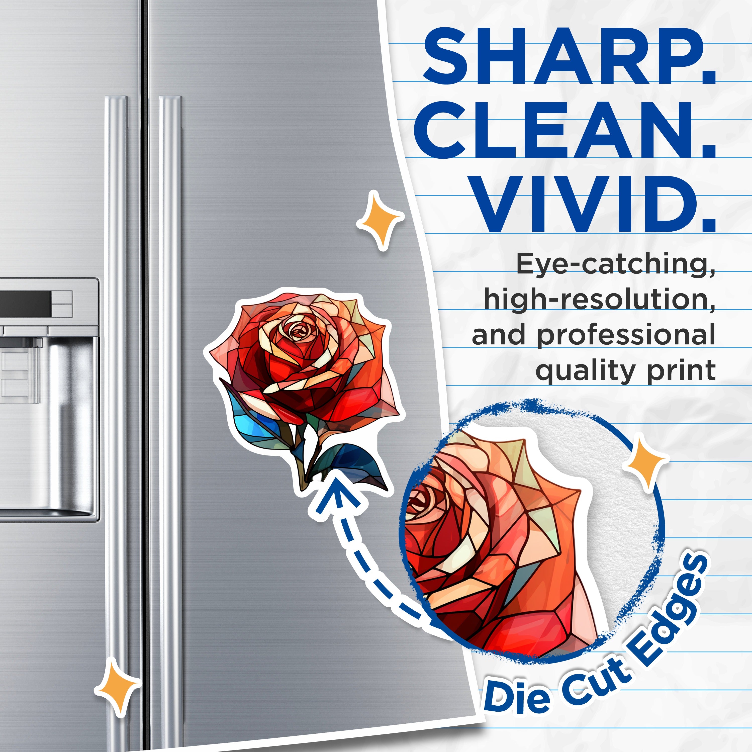 (2 Pack) Stained Glass Rose Magnets - Refrigerator Decor - Artistic Floral Art - 5 Inches On Longest Side - Thick Durable Magnet - Made in USA - MAG39313