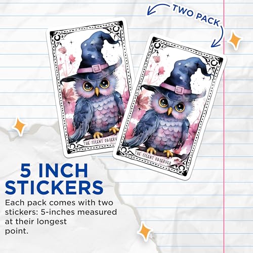 (2 Pack) Owl Witch Stickers - Cute Owl Witch Stickers - Halloween Owl Stickers - 5" On Longest Side - Sticks to Any Smooth Flat Surface - Made in USA - BMCS3592