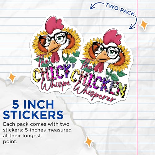 (2 Pack) Chicken Whisperer Stickers - Funny Chicken Artwork - Sunflower Chicken Illustration - 5" On Longest Side - Sticks to Smooth Flat Surfaces - Made in USA - BMCS9725