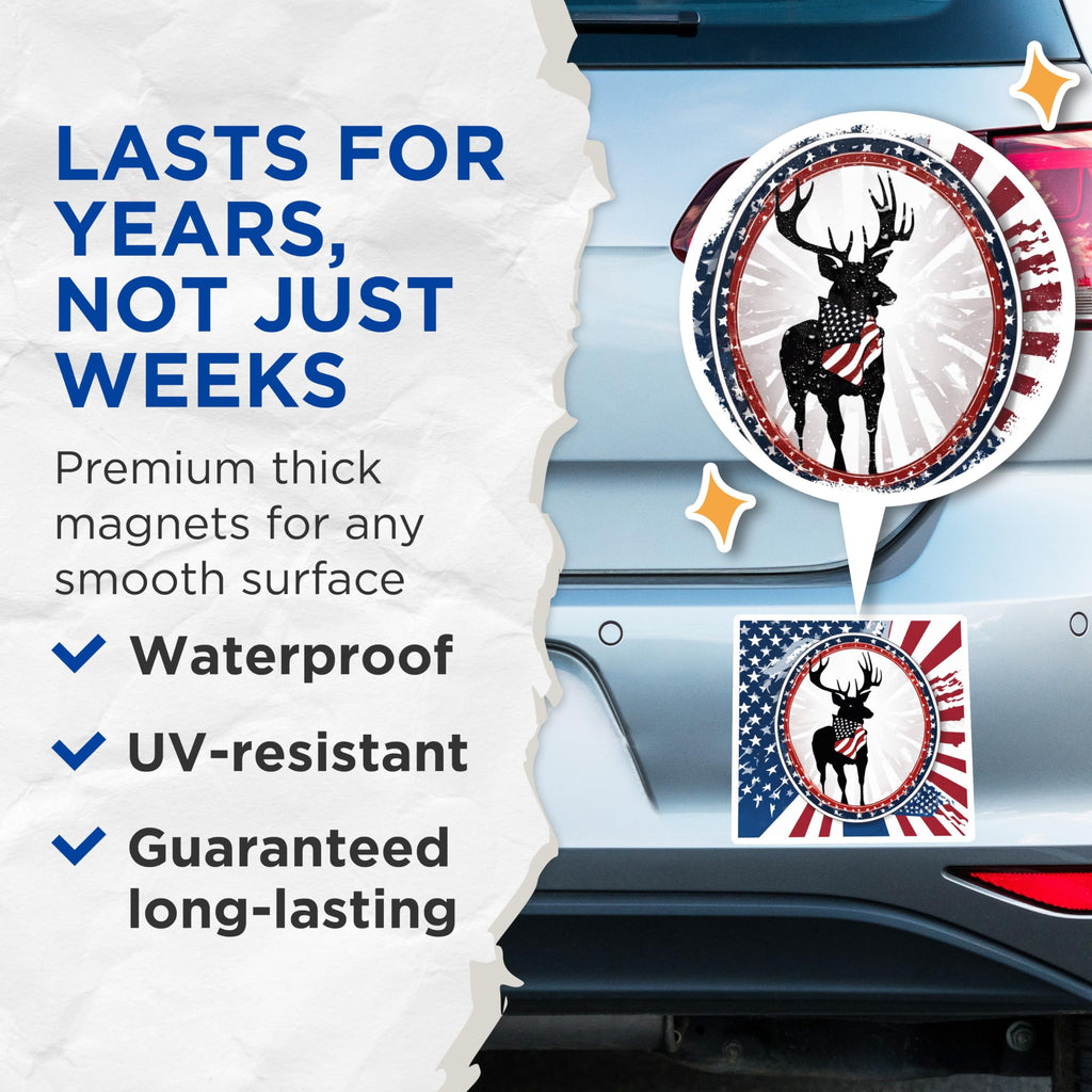 (2 Pack) American Flag Deer Magnets - Patriotic Buck Decor - USA Outdoorsman Emblem - Rustic Farmhouse Appeal - 5 Inches On Longest Side - Thick Durable Magnet - Made in USA - MAG20145