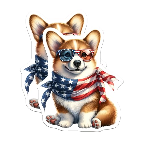 (2 Pack) Corgi Dog in Sunglasses Stickers - Cute Dog Stickers - Red White and Blue Bandana Sticker - 5" On Longest Side - Sticks to Smooth Flat Surfaces - Made in USA - BMCS6511