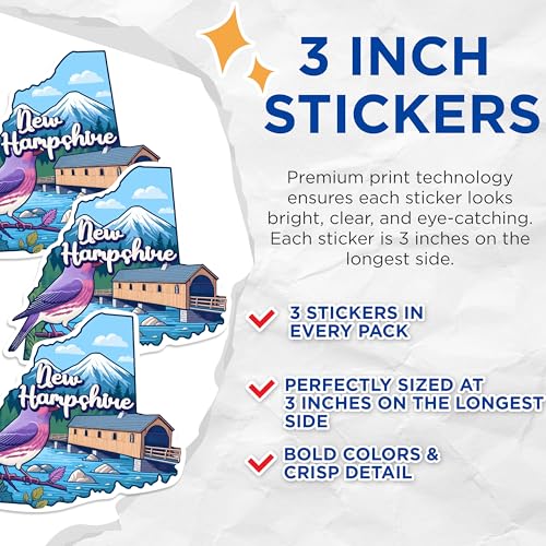 (3 Pack) New Hampshire Decals - State Pride Sticker - Bird Covered Bridge Laptop Decal - 3 Inches On Longest Side - Easy Peel & Apply - Made in USA - 3MCS0150
