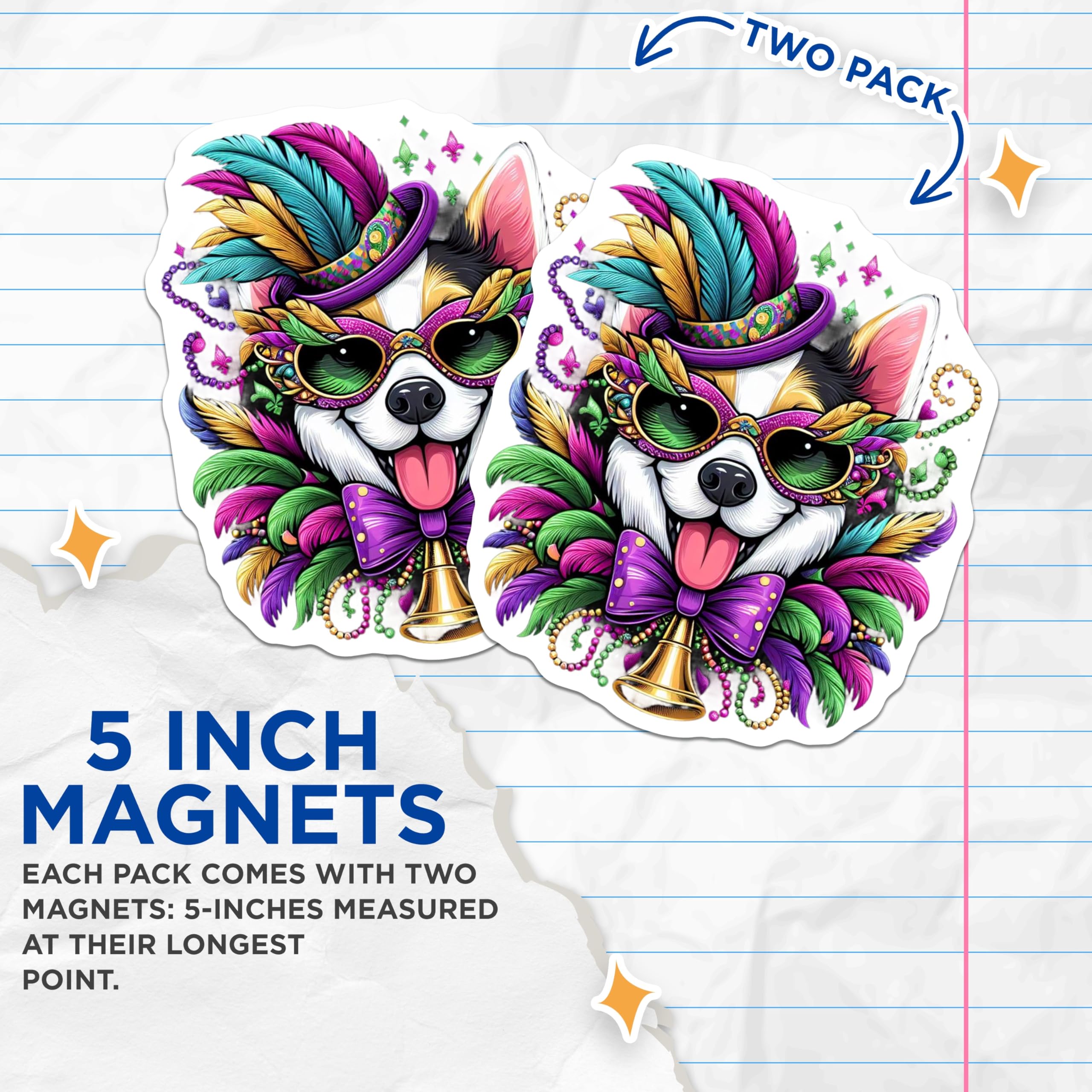 (2 Pack) Mardi Gras Dog Magnets - Festive Corgi Decor - Party Favors - 5" On Longest Side - Premium Magnet - for Cars, Refrigerators, Toolboxes, Lockers - Made in USA - MAG15107