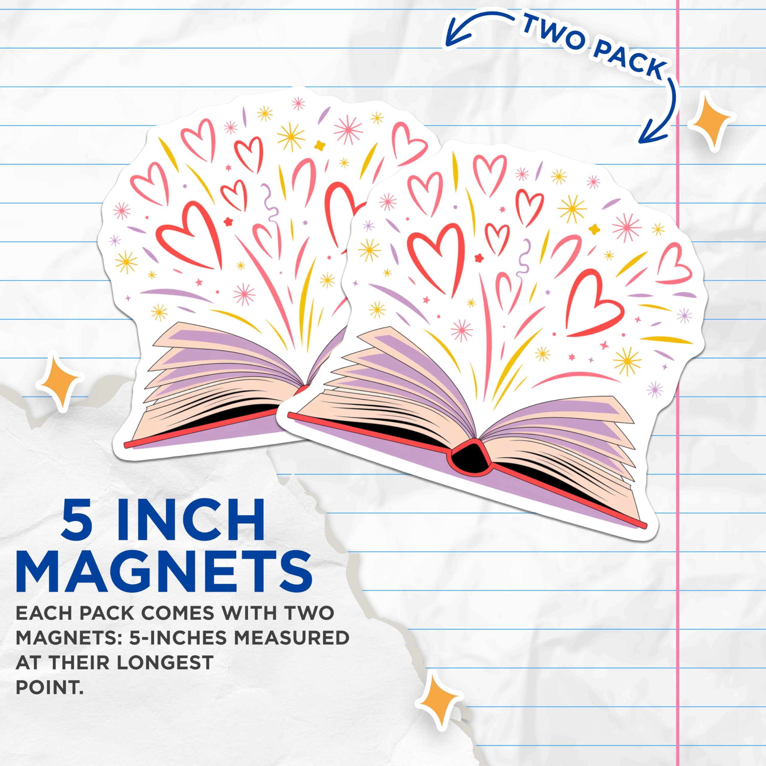(2 Pack) Book Lover Magnets - Reading Enthusiast Decor - Literary Teacher Librarian Accessory - Whimsical Heart Book Design - 5 Inches On Longest Side - Thick Durable Magnet - Made in USA - MAG26634