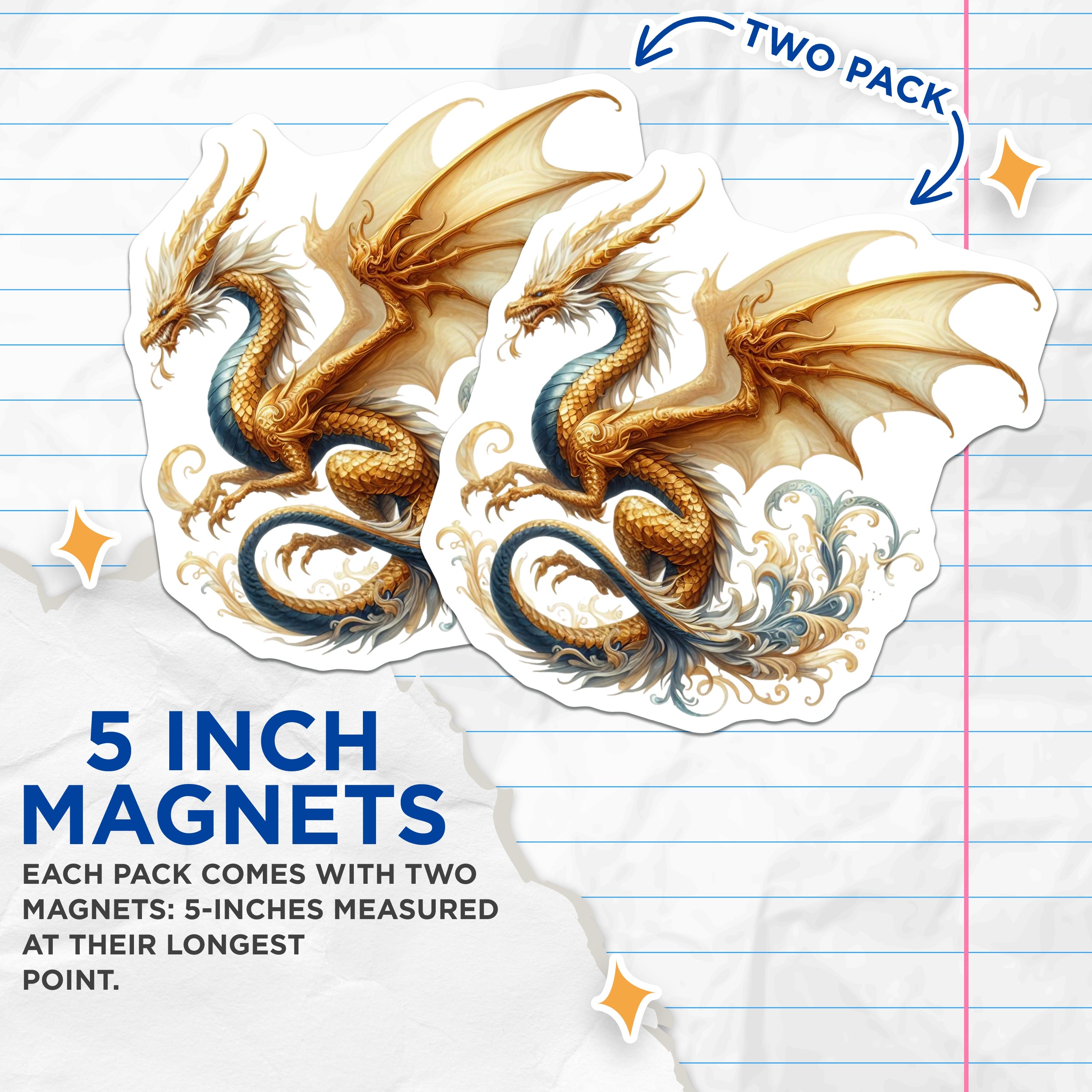 (2 Pack) Golden Dragon Magnets - Fantasy Creature Decor - Mythical Beast Art - Dragon Lover Refrigerator Accessory - Gamer Locker Magnet - 5" - Durable Magnet - Made in USA - MAG37695