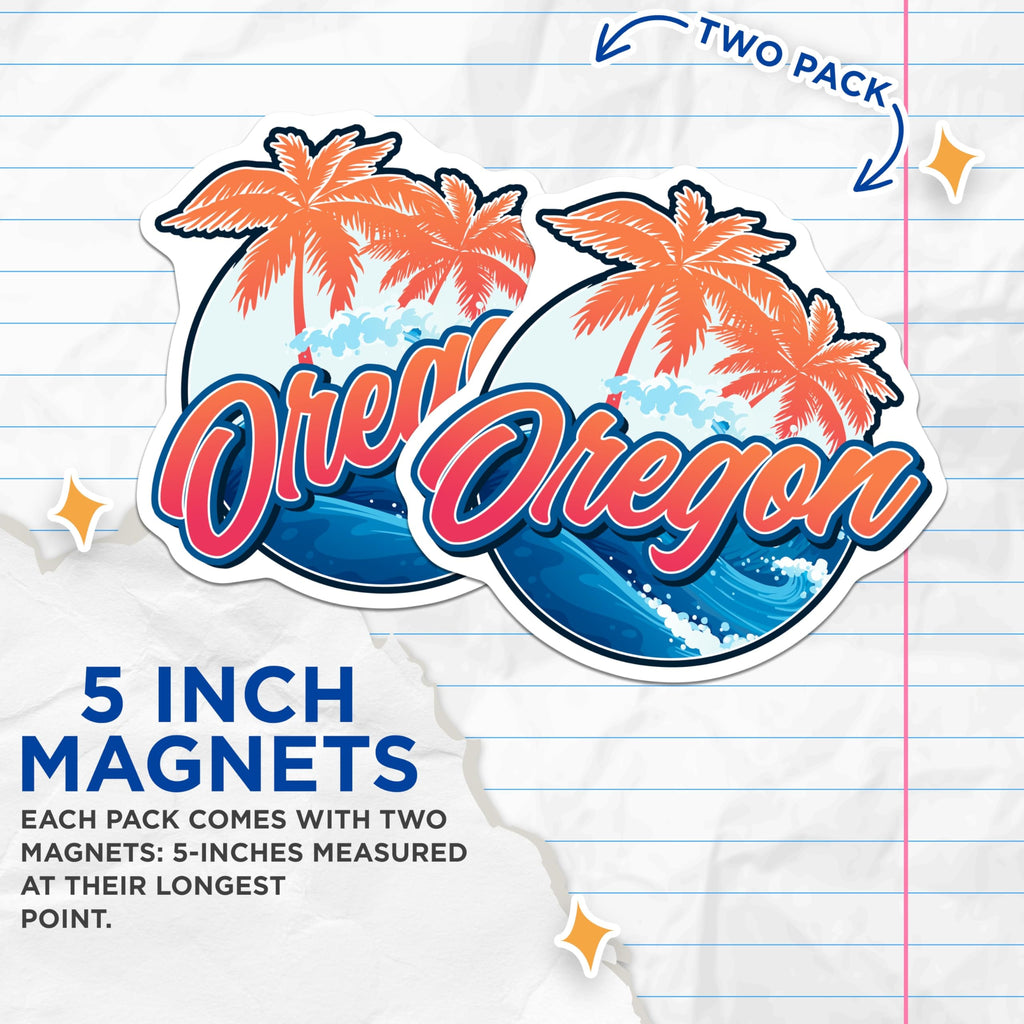 (2 Pack) Oregon Magnets - Palm Tree Ocean Waves - State Travel Souvenir Beach Decor - 5 Inches On Longest Side - Thick Durable Magnet - Made in USA - MAG19280