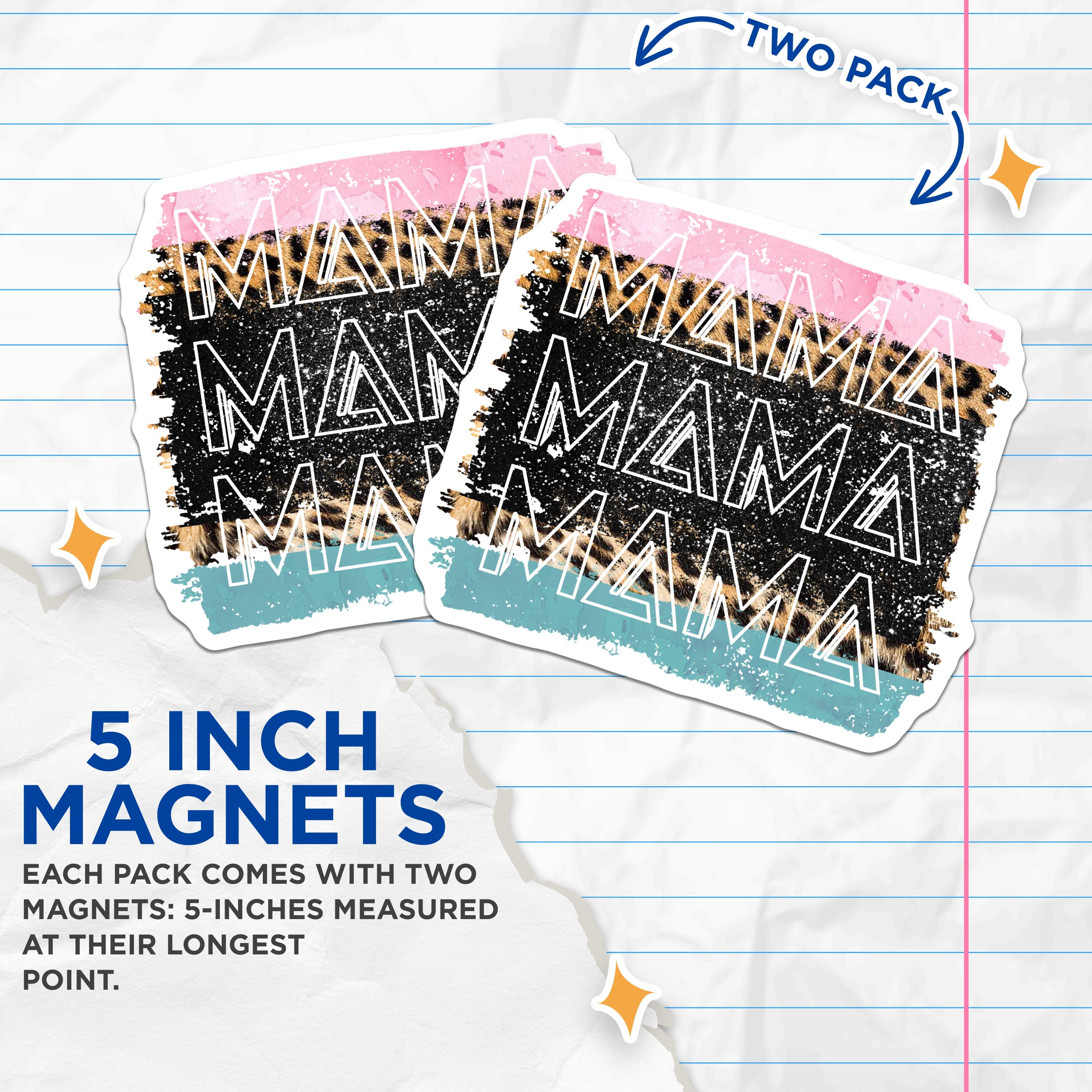 (2 Pack) Mama Refrigerator Magnets - Leopard Print - Pink Teal Watercolor - Trendy Mom Accessories - 5 Inches On Longest Side - Thick Durable Magnet - Made in USA - MAG38001