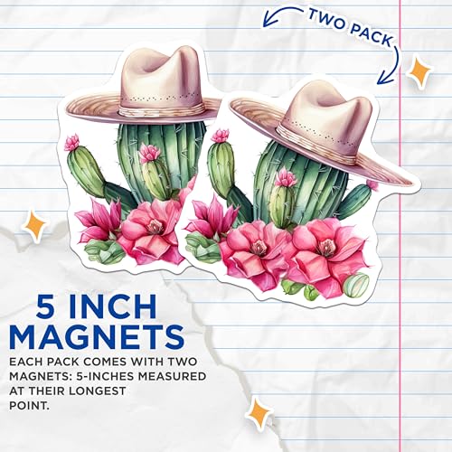 (2 Pack) Cactus with Hat Magnets - Cute Cactus Magnets - Decorative Floral Magnets for Home or Office - 5" On Longest Side - for Cars, Refrigerators, Toolboxes, Lockers - Made in USA BMCS3386