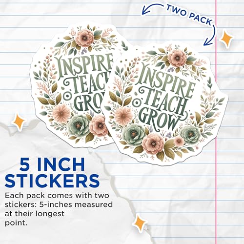 (2 Pack) Inspire Teach Grow Stickers - Motivational Teacher Stickers - Floral Inspirational Stickers - 5" On Longest Side - Sticks to Smooth Flat Surfaces - Made in USA - BMCS4418
