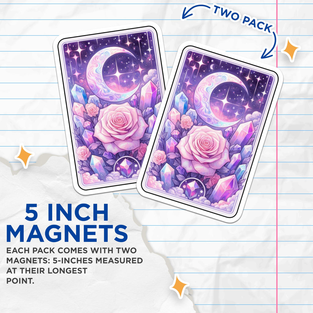 (2 Pack) Enchanted Celestial Moon Rose Magnets - Mystical Crystal Galaxy Decor - Dreamy Witchy Floral Art - 5 Inches On Longest Side - Thick Durable Magnet - Made in USA - MAG23102