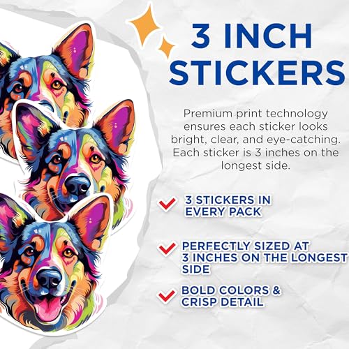 (3 Pack) Dog Decals - Colorful Dog - Laptop Decals - 3 Inches On Longest Side - Easy Peel & Apply - Made in USA - 3MCS0736