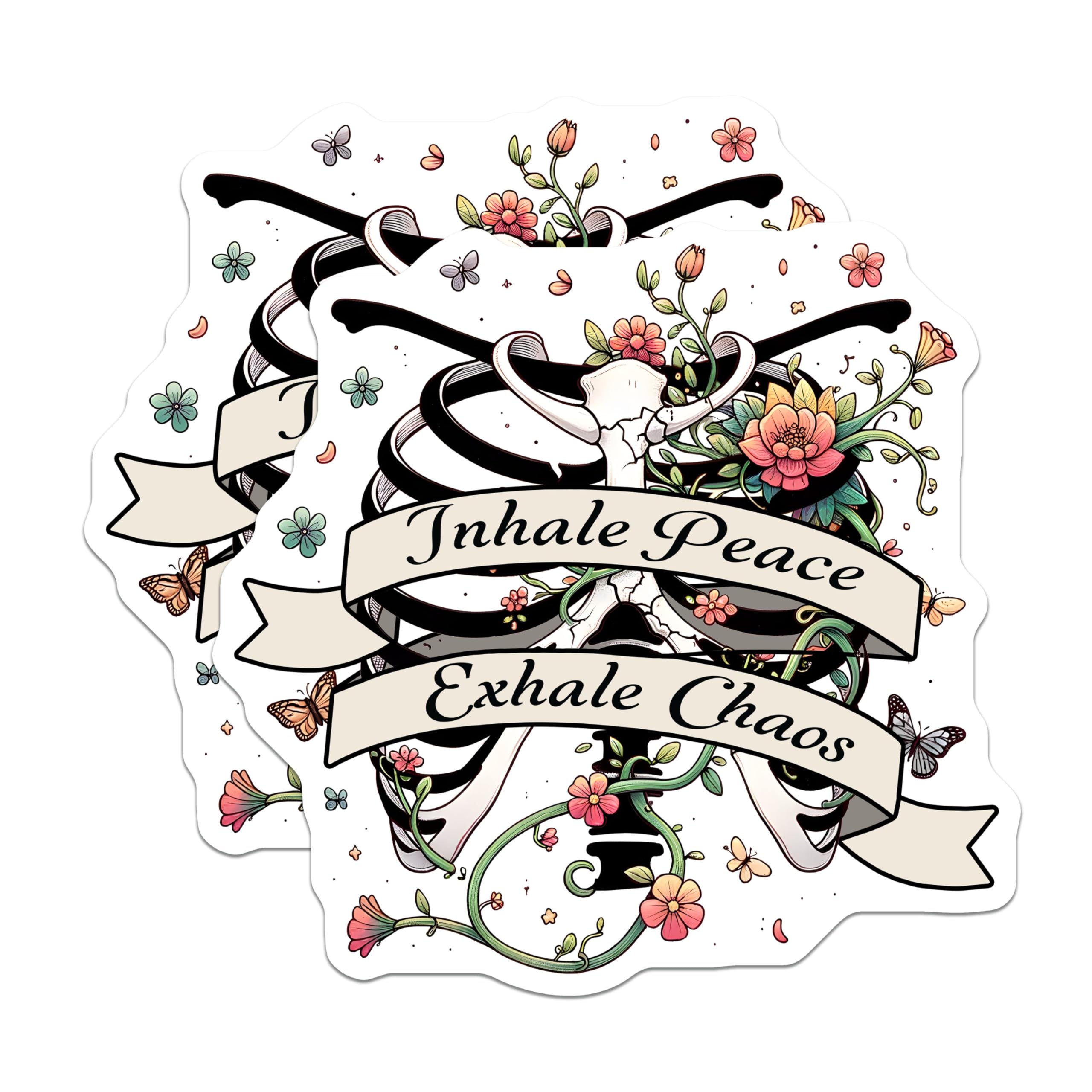 (2 Pack) Inhale Peace Exhale Chaos Magnets - Positive Vibes - Inspirational Quote - Floral Skeleton Design - Motivational Art Piece - 5" On Longest Side - for Cars, Fridges, Toolboxes - Made in USA -