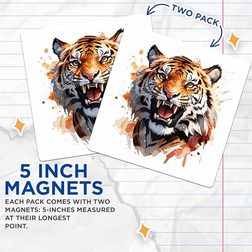 (2 Pack) Tiger Face Art Magnets Magnets - Animal Lover Decor - Wildlife Refrigerator Decoration - 5" On Longest Side - Made in USA - Sticks to Refrigerators & Metal Surfaces - MAG8709
