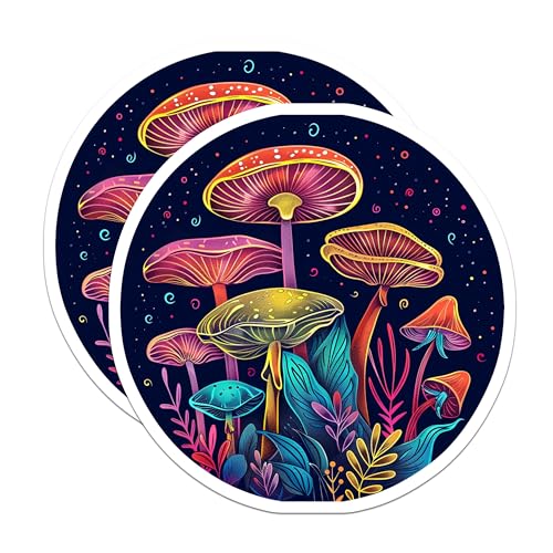 (2 Pack) Psychedelic Mushroom Stickers - Neon Mushroom Art - Trippy Nature Graphics Stickers - 5" On Longest Side - Sticks to Smooth Flat Surfaces - Made in USA - BMCS6826