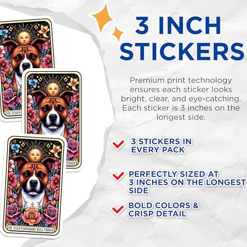 (3 Pack) Staffordshire Terrier Decals - Dog Tarot Card - Laptop Decals - 3 Inches On Longest Side - Easy Peel & Apply - Made in USA - 3MCS4093
