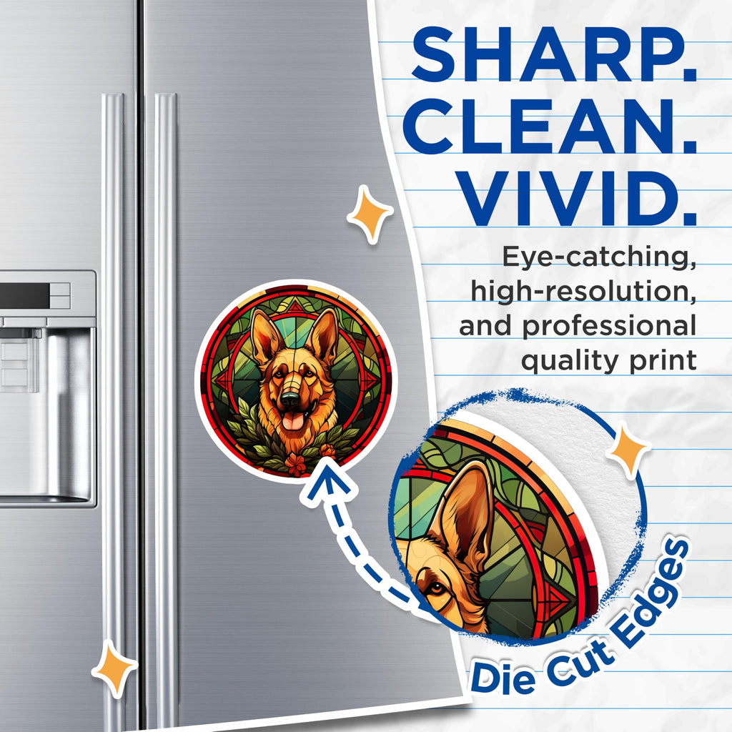 (2 Pack) German Shepherd Magnets - Stained Glass Dog Art - Canine Pet Lover Decor - GSD Breed Refrigerator Item - 5 Inches On Longest Side - Thick Durable Magnet - Made in USA - MAG30374