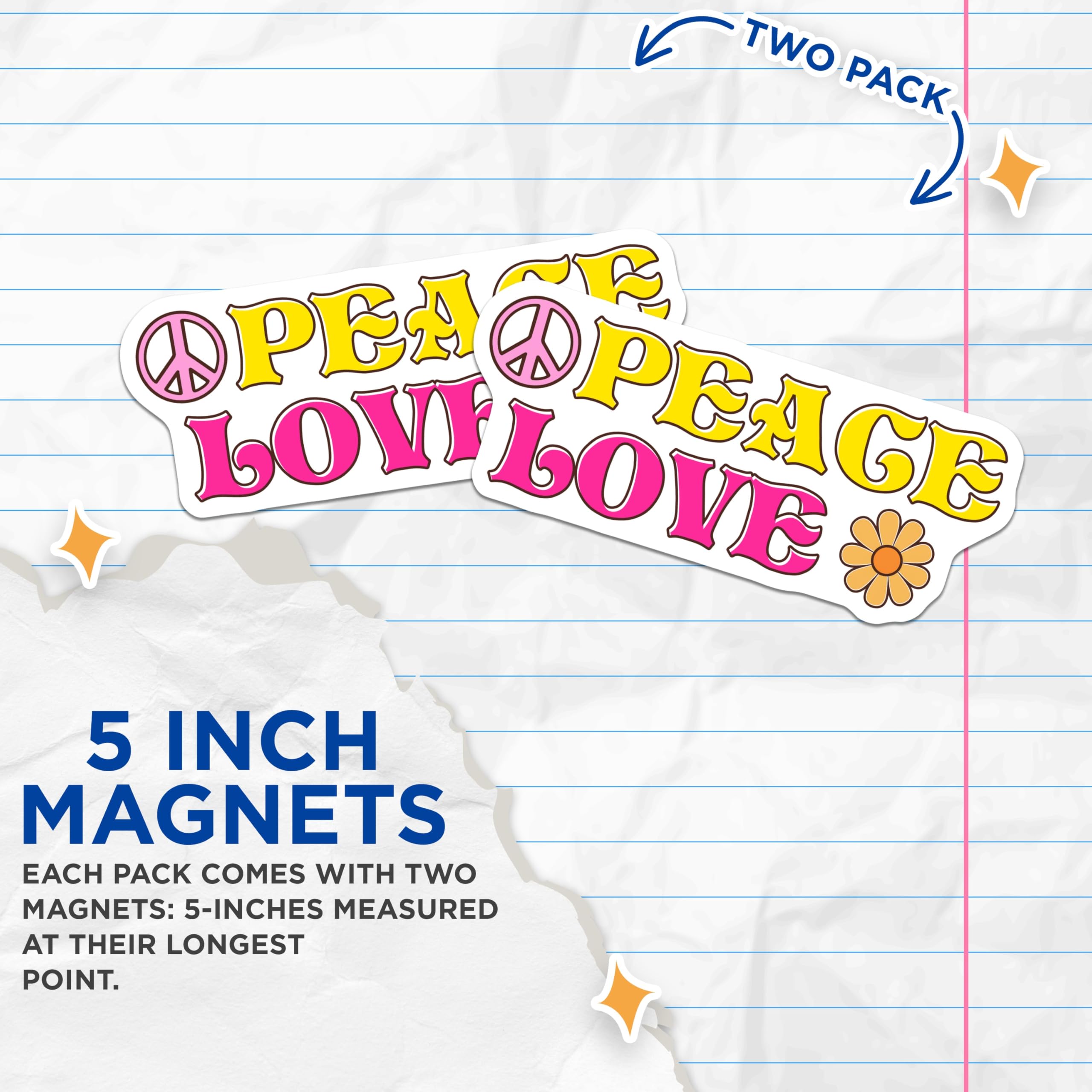 (2 Pack) Peace Love Magnets - Retro 70s Decor - Hippie Aesthetic Kitchen Magnets - 5" On Longest Side - Premium Magnet - for Cars, Refrigerators, Toolboxes, Lockers - Made in USA - MAG16193