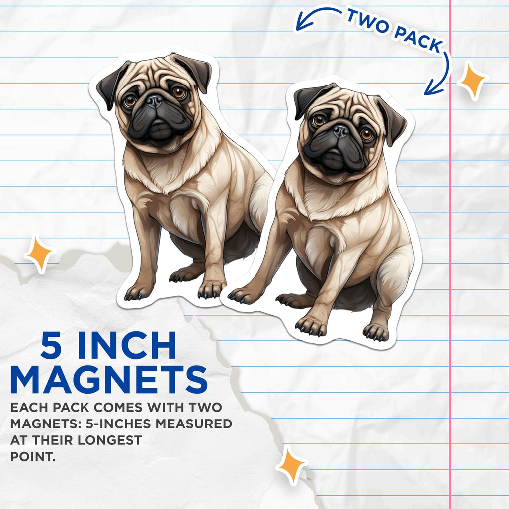 (2 Pack) Pug Magnets - Cute Dog Refrigerator Decor - Pet Lover Accessories - Animal Fridge Art - 5 Inches On Longest Side - Thick Durable Magnet - Made in USA - MAG24762