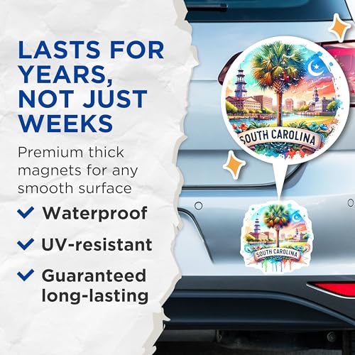 (2 Pack) South Carolina Magnets - State Souvenir - Carolina Palmetto Tree - Charleston Skyline - Watercolor Artwork - 5" On Longest Side - for Cars, Fridges, Toolboxes - Made in USA - MAG6808