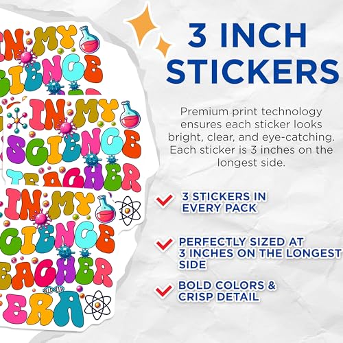 (3 Pack) Science Teacher Era Decals - Science Lover - Scientist Decal - 3 Inches On Longest Side - Easy Peel & Apply - Made in USA - 3MCS4435