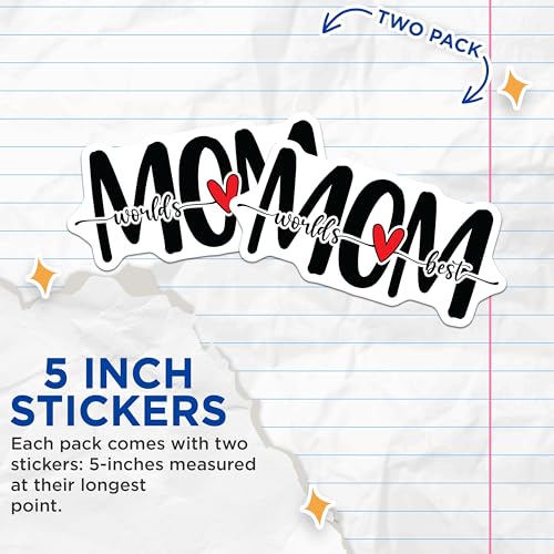 (2 Pack) World's Best Mom Stickers - Heart Love Mom Stickers - Mother Appreciation Stickers - 5" On Longest Side - Sticks to Any Smooth Flat Surface - Made in USA - BMCS3069