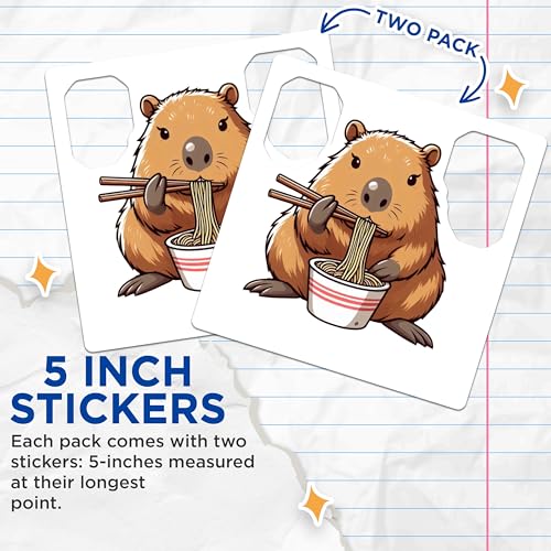 (2 Pack) Capybara Ramen Stickers - Cute Cartoon Animal Decal - Fun Food Design - 5" On Longest Side - Sticks to Smooth Flat Surfaces - Made in USA - BMCS9913