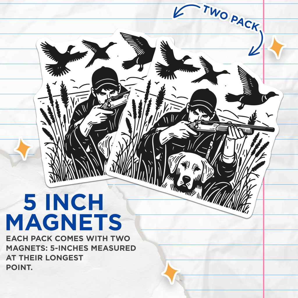(2 Pack) Duck Hunting Waterfowl Game Magnets - Hunter Man Labrador Retriever Dog - Marshland Outdoors Wildlife Scene - 5 Inches On Longest Side - Thick Durable Magnet - Made in USA - MAG20950