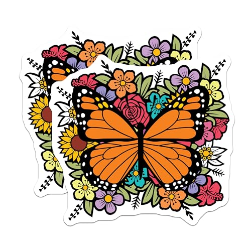 (2 Pack) Butterfly Floral Stickers - Colorful Garden - Nature Art Decal Graphics - 5" On Longest Side - Sticks to Smooth Flat Surfaces - Made in USA - BMCS5995