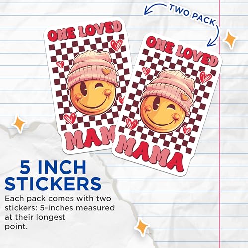 (2 Pack) One Loved Mama Stickers - Smiley Face - Cute Heart - 5" On Longest Side - Sticks to Smooth Flat Surfaces - Made in USA - BMCS7719