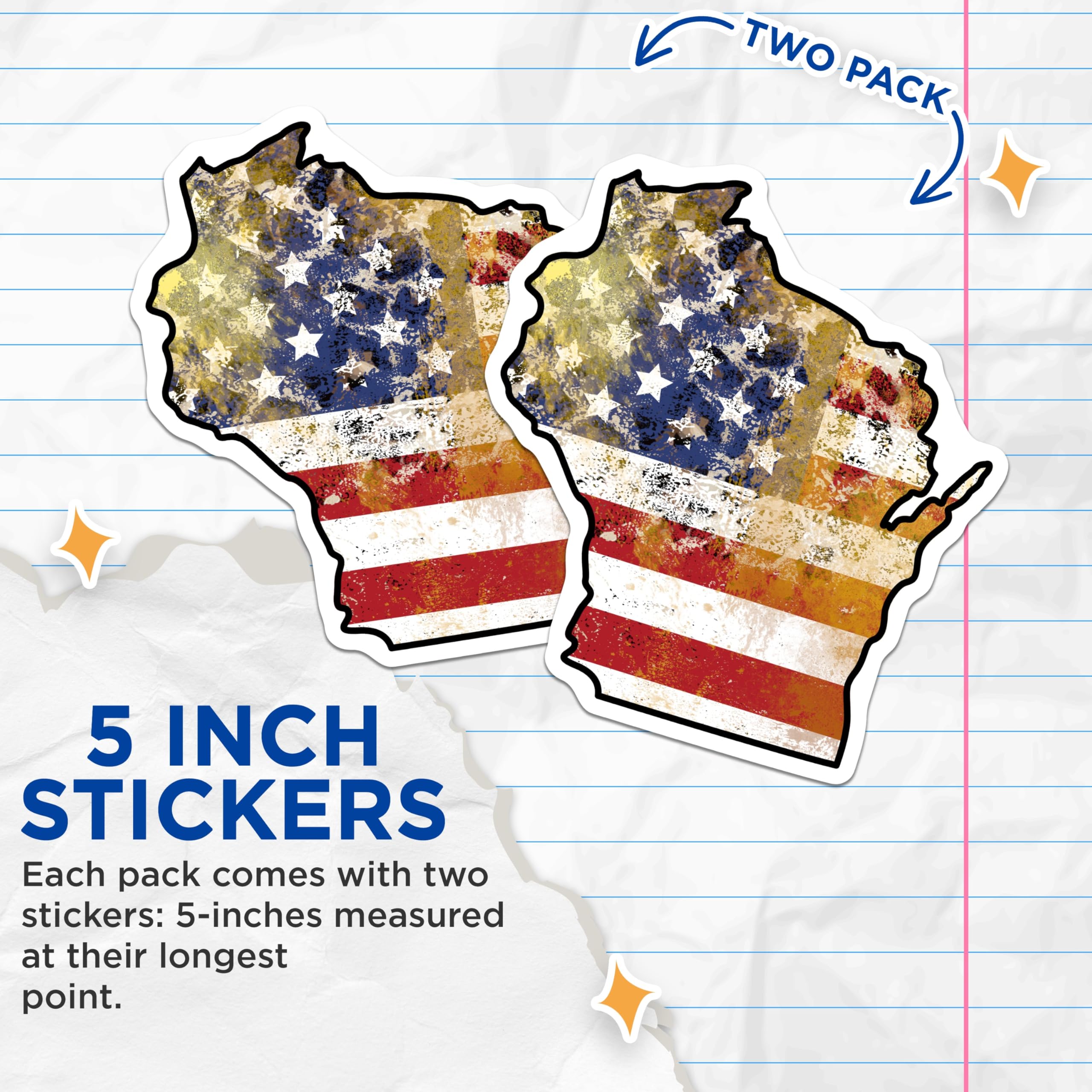 (2 Pack) Wisconsin Stickers - Patriotic State Pride - American Flag Art - 5" On Longest Side - Sticks to Smooth Flat Surfaces - Made in USA - BMCS18385