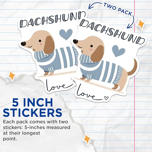 (2 Pack) Dachshund Love Stickers - Cute Dog Decal - Heart Pet Illustration - 5" On Longest Side - Sticks to Smooth Flat Surfaces - Made in USA - BMCS7297