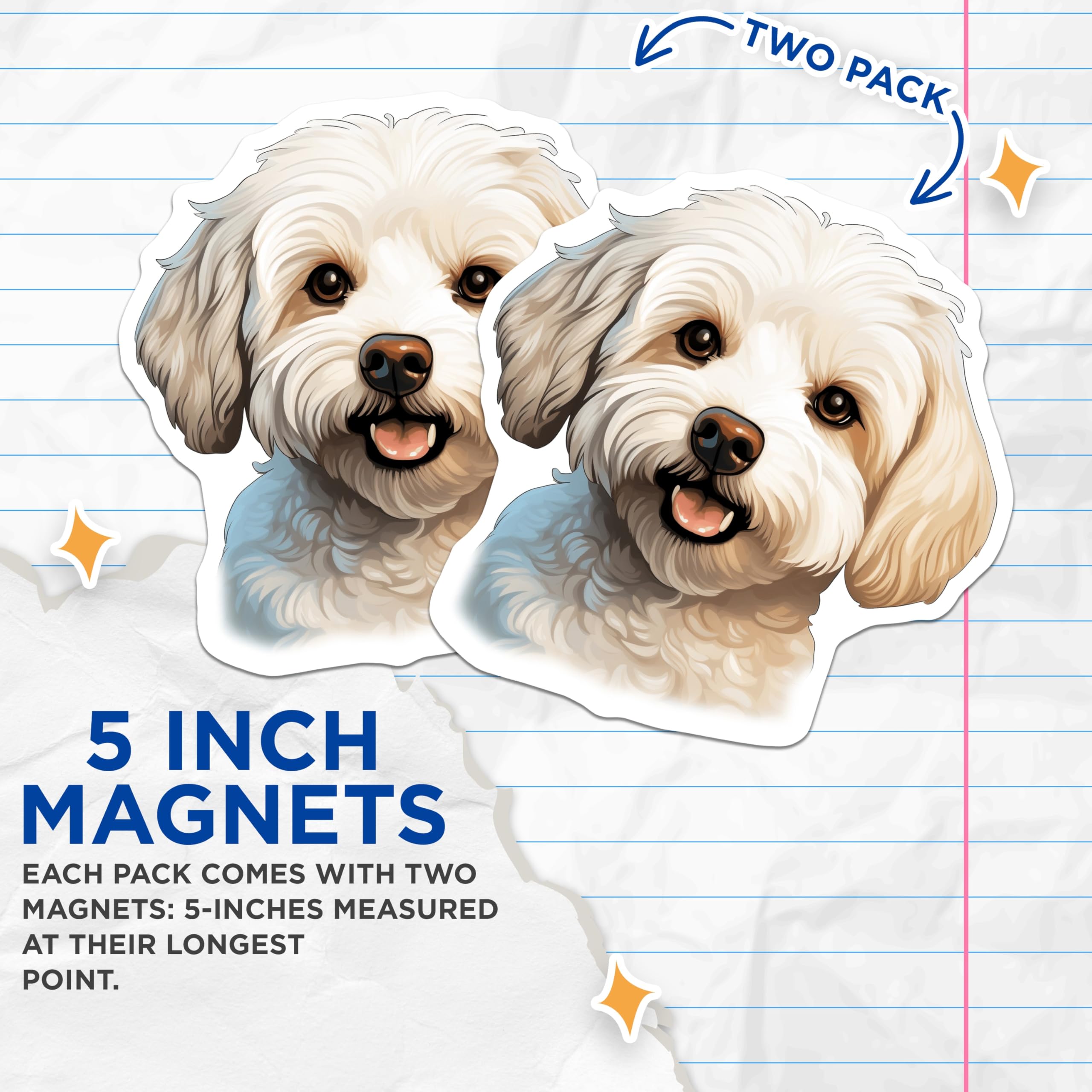 (2 Pack) White Fluffy Dog Magnets - Cute Puppy Pet Lover Decor - Happy Smiling Animal Face Magnets - 5 Inches On Longest Side - Thick Durable Magnet - Made in USA - MAG29169