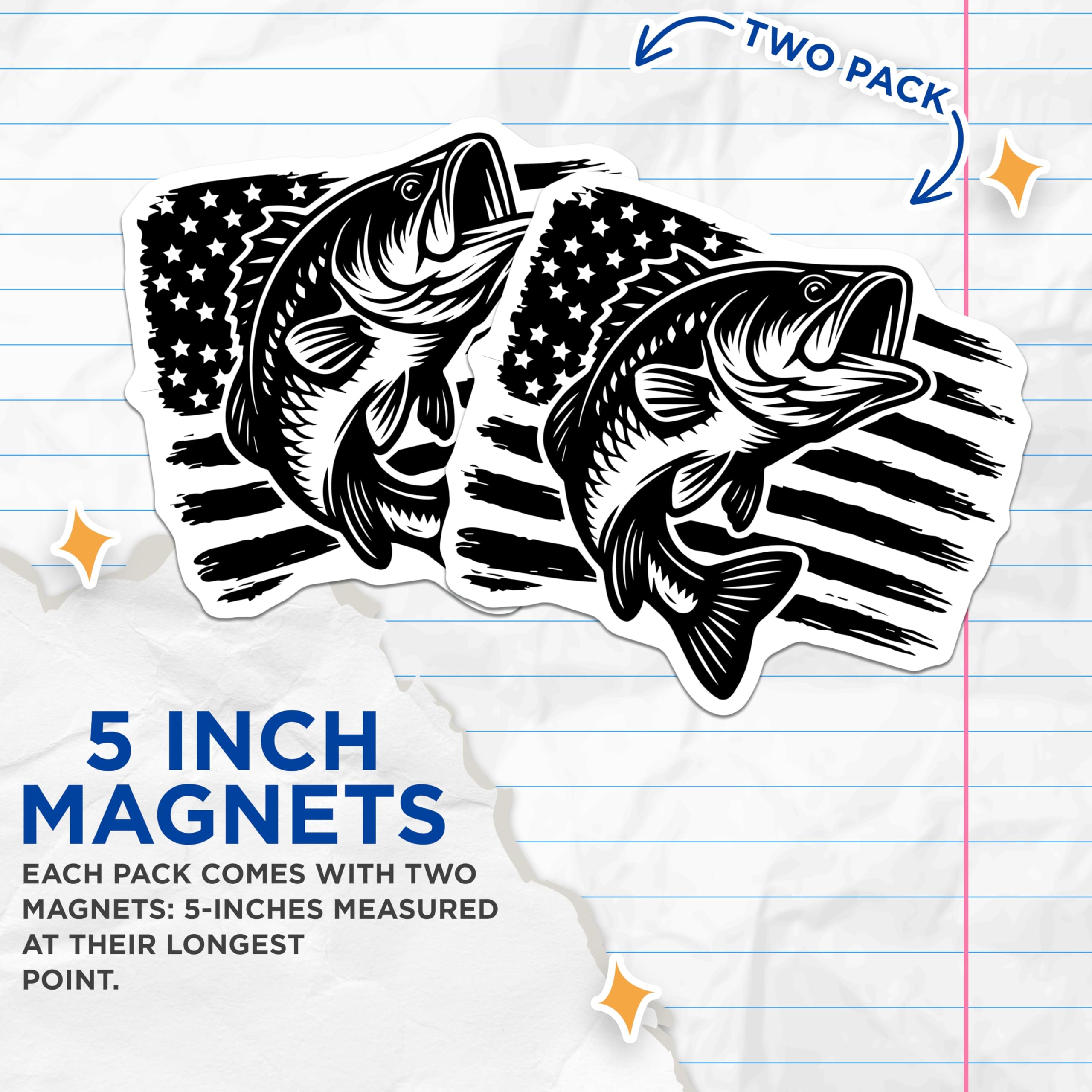 (2 Pack) Bass Fish Magnets - American Flag Decor - Patriotic Fishing Refrigerator Magnets - 5" On Longest Side - Premium Magnet - for Cars, Refrigerators, Toolboxes, Lockers - Made in USA - MAG16636