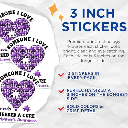 (3 Pack) Alzheimers Awareness Decals - Purple Puzzle Heart - Needed A Cure Decals - 3 Inches On Longest Side - Easy Peel & Apply - Made in USA - 3MCS8556