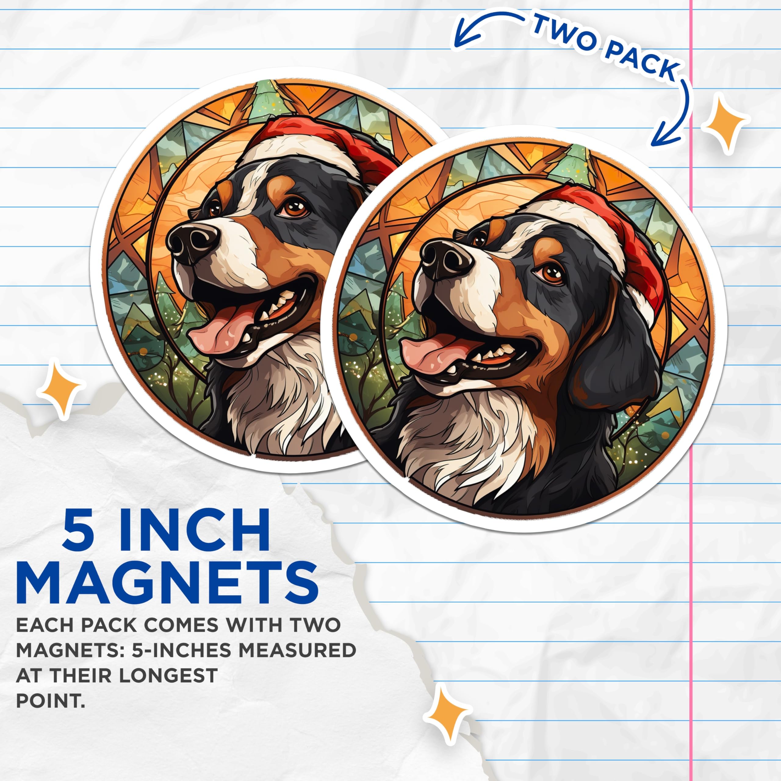 (2 Pack) Bernese Mountain Dog Magnets - Santa Hat Christmas Berner - Stained Glass Winter Dog Fridge Accent - 5 Inches On Longest Side - Thick Durable Magnet - Made in USA - MAG26811