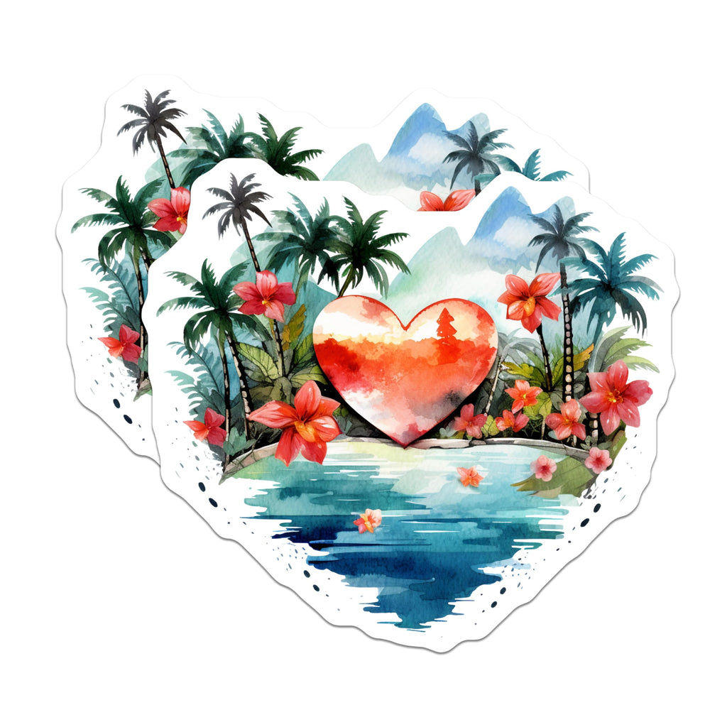(2 Pack) Tropical Heart Magnets - Watercolor Island Paradise Scene Decor - Romantic Beach Vacation Home Art - 5 Inches On Longest Side - Thick Durable Magnet - Made in USA - MAG19534