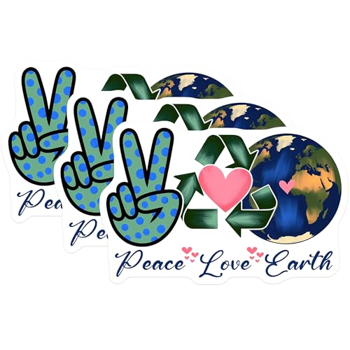 (3 Pack) Peace Love Earth Decals - Environmental Stickers - Recycle Symbol Sticker - 3 Inches On Longest Side - Easy Peel & Apply - Made in USA - 3MCS7217