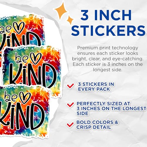 (3 Pack) Be Kind Decals - Tie Dye Stickers - Laptop Decals - 3 Inches On Longest Side - Easy Peel & Apply - Made in USA - 3MCS1373
