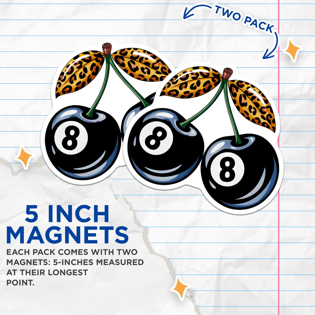 (2 Pack) 8 Ball Cherry Magnets - Leopard Print Retro Style - Quirky Locker Fridge Decor - 5 Inches On Longest Side - Thick Durable Magnet - Made in USA - MAG29634