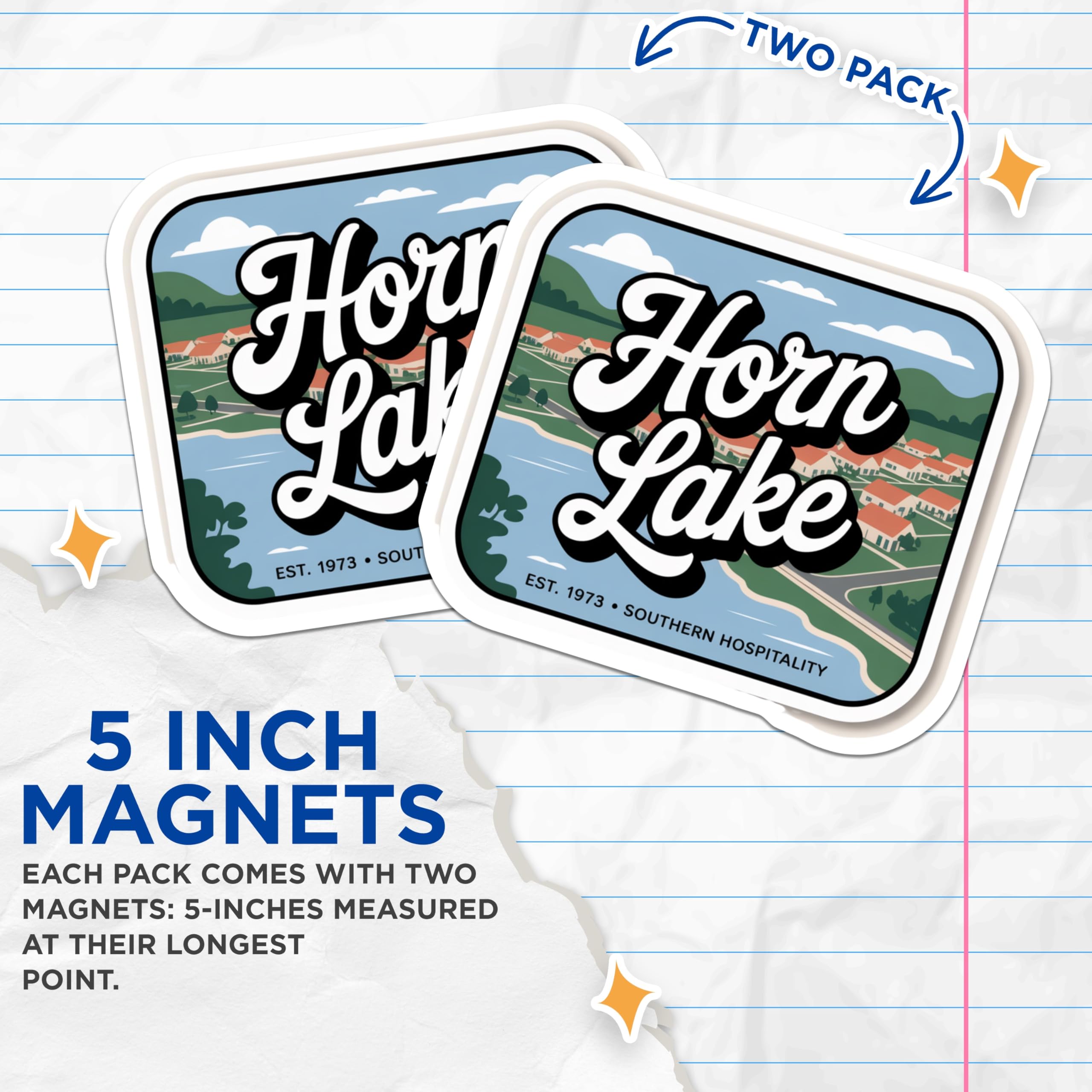 (2 Pack) Horn Lake Magnets - Southern Hospitality - Travel Destination Decor - 5" On Longest Side - Premium Magnet - for Cars, Refrigerators, Toolboxes, Lockers - Made in USA - MAG17625