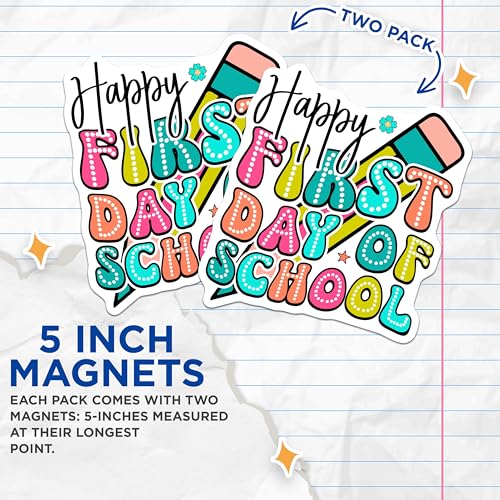 (2 Pack) First Day of School Magnets Magnets - Happy School Day DÃƒÂ©cor - 5" On Longest Side - Made in USA - Sticks to Refrigerators & Metal Surfaces - MAG9123