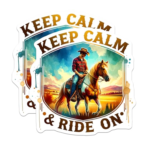 (2 Pack) Keep Calm and Ride On Stickers - Cowboy Horse Rider - Western Poster Art Decal - 5" On Longest Side - Sticks to Smooth Flat Surfaces - Made in USA - BMCS6783
